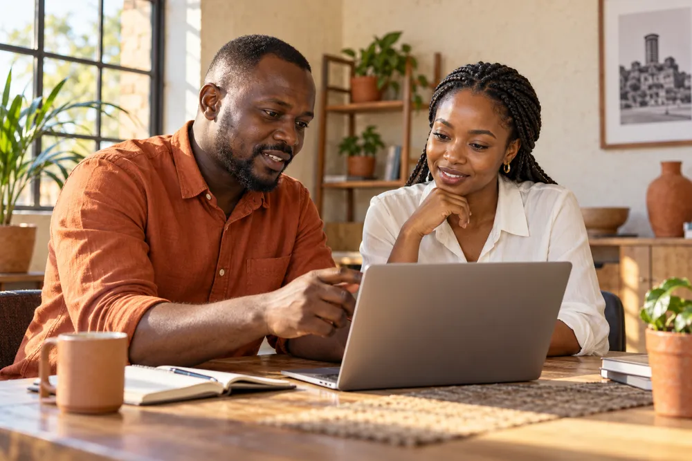Illustrative image of two business professionals reviewing a laptop together