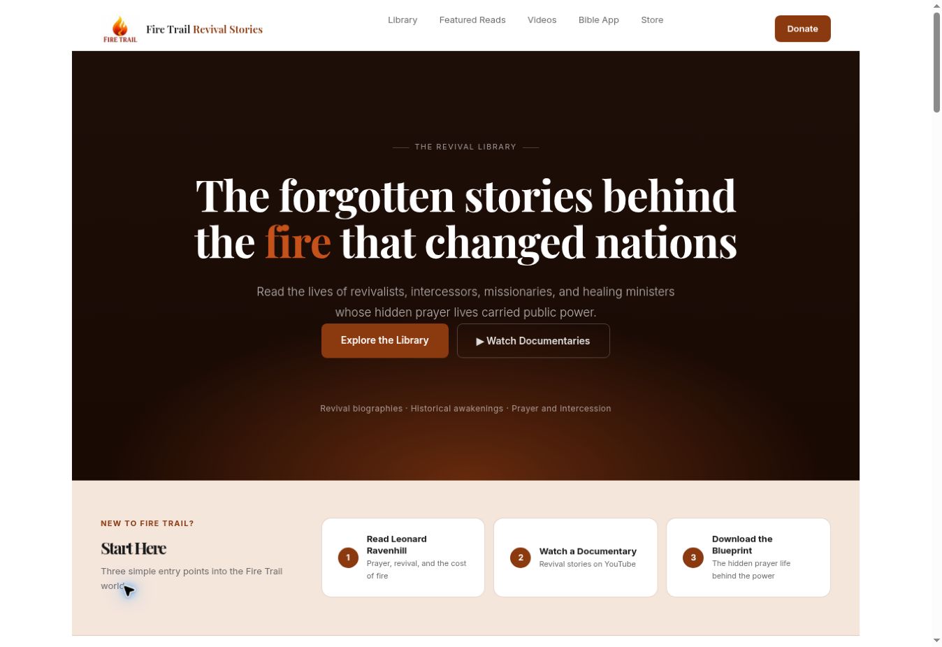 Actual homepage screenshot of Fire Trail Revival Stories