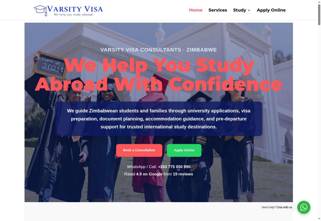 Actual homepage screenshot of Varsity Visa
